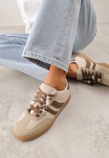 Ciemnobeżowe Sneakersy Typu Tenisówki Ozdobione Koralikami Daemeli