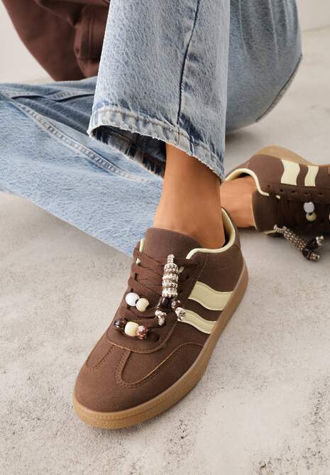 Brązowe Sneakersy Typu Tenisówki Ozdobione Koralikami Daemeli
