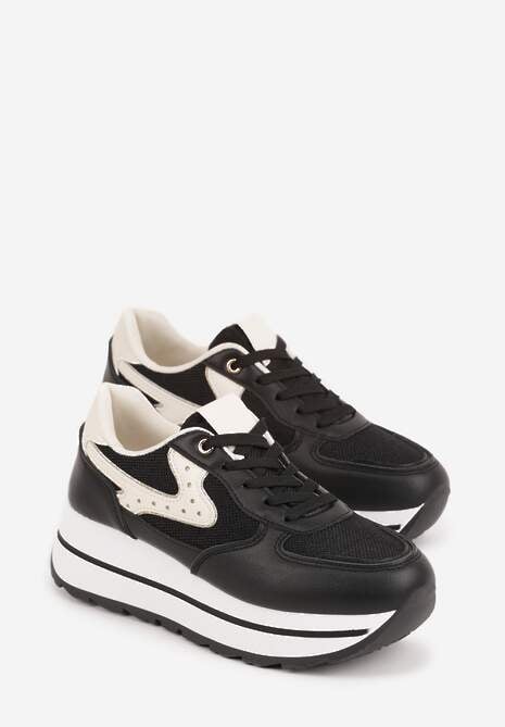 Czarne Sneakersy na Platformie z Tweedowym Zdobieniem i Perforacją Dioseleia 5