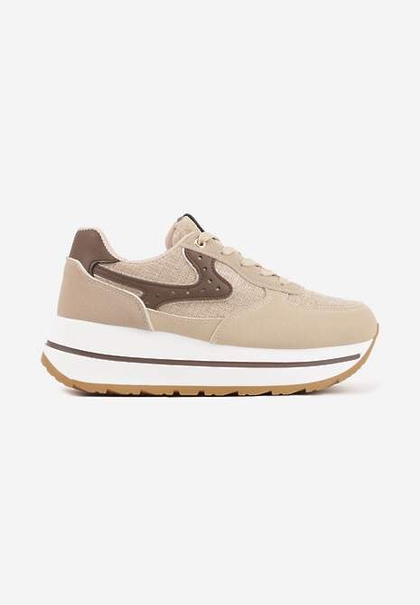 Beżowe Sneakersy na Platformie z Tweedowym Zdobieniem i Perforacją Dioseleia 4