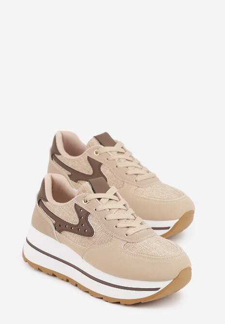 Beżowe Sneakersy na Platformie z Tweedowym Zdobieniem i Perforacją Dioseleia 5