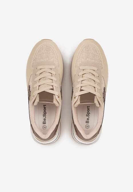 Beżowe Sneakersy na Platformie z Tweedowym Zdobieniem i Perforacją Dioseleia 6