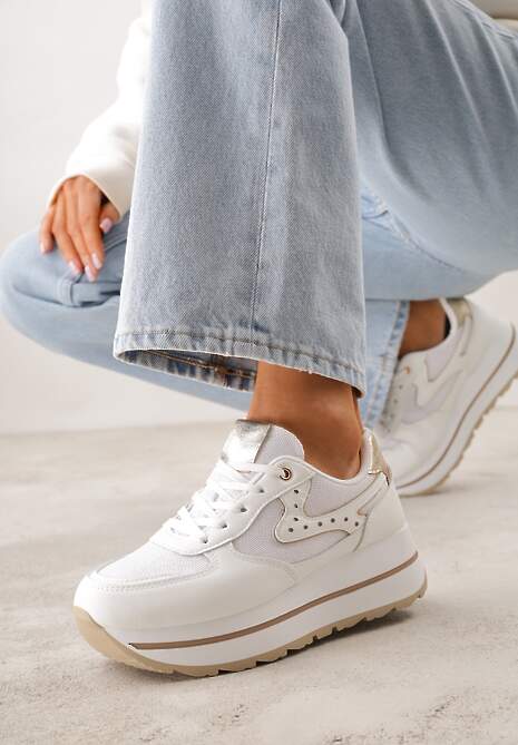Białe Sneakersy na Platformie z Tweedowym Zdobieniem i Perforacją Dioseleia