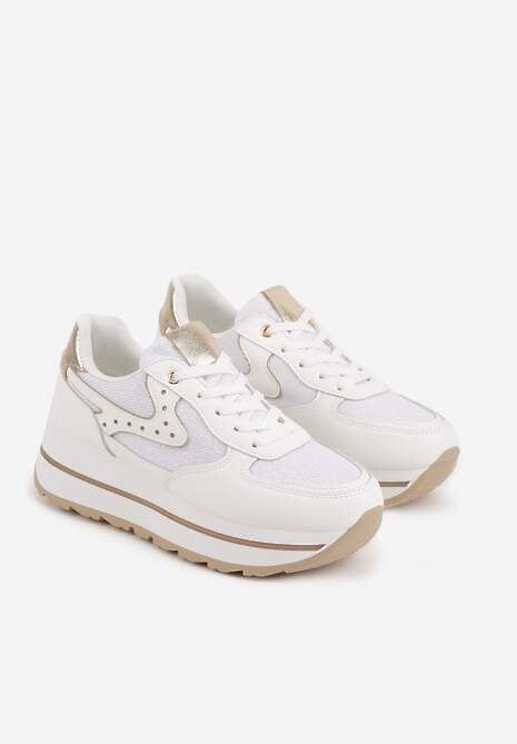 Białe Sneakersy na Platformie z Tweedowym Zdobieniem i Perforacją Dioseleia 5