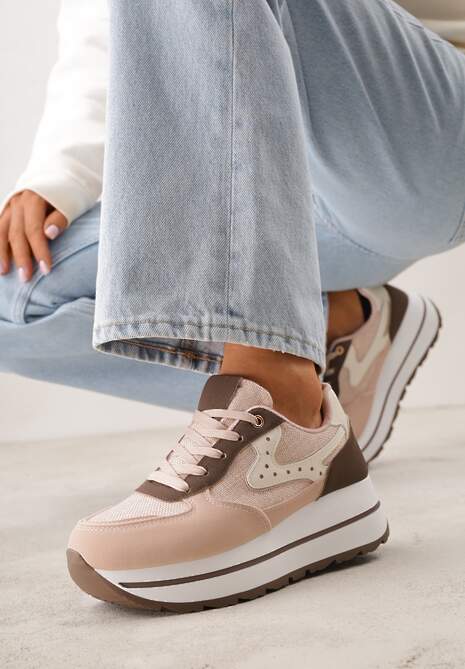 Różowe Sneakersy na Platformie z Tweedowym Zdobieniem i Perforacją Dioseleia