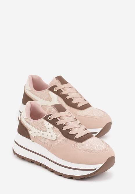 Różowe Sneakersy na Platformie z Tweedowym Zdobieniem i Perforacją Dioseleia 5