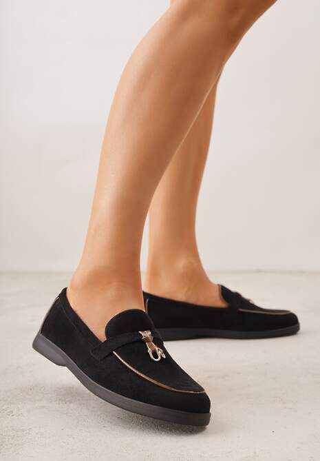 Czarne Mokasyny z Imitacji Zamszu z Zawieszką na Nosku Theophitos