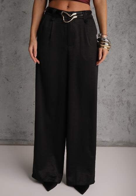 Czarne Spodnie Szerokie z Dodatkiem Bawełny High Waist z Metaliczną Klamrą Azaerixis 4