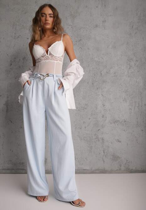 Niebieskie Spodnie Szerokie z Dodatkiem Bawełny High Waist z Metaliczną Klamrą Azaerixis 4