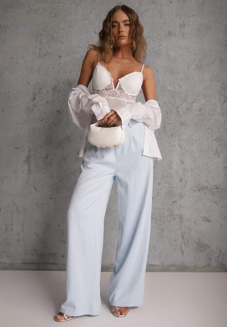 Niebieskie Spodnie Szerokie z Dodatkiem Bawełny High Waist z Metaliczną Klamrą Azaerixis