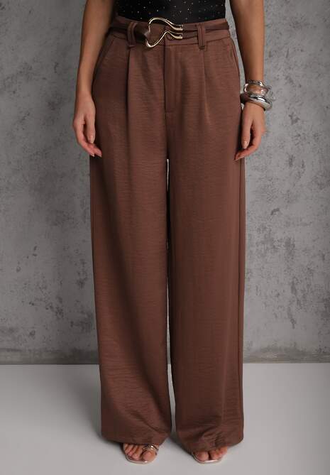 Brązowe Spodnie Szerokie z Dodatkiem Bawełny High Waist z Metaliczną Klamrą Azaerixis 4