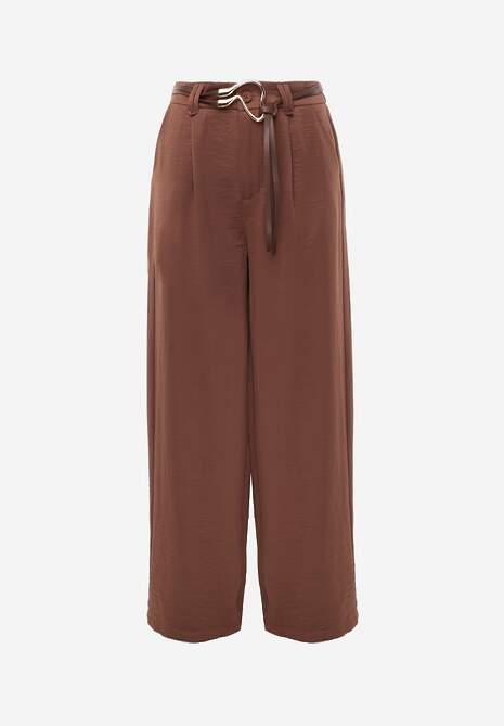 Brązowe Spodnie Szerokie z Dodatkiem Bawełny High Waist z Metaliczną Klamrą Azaerixis 6