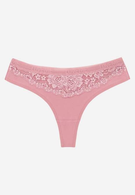Różowe Majtki Typu Stringi z Bawełną i Koronką Zeliche