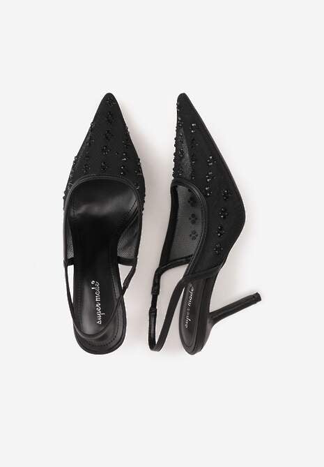 Czarne Sandały Slingback na Szpilce z Siateczki Zdobione Cyrkoniami Lilinyra 6