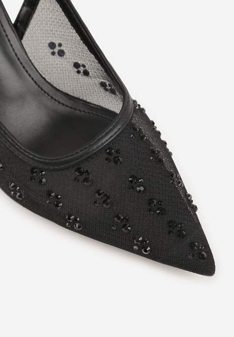 Czarne Sandały Slingback na Szpilce z Siateczki Zdobione Cyrkoniami Lilinyra