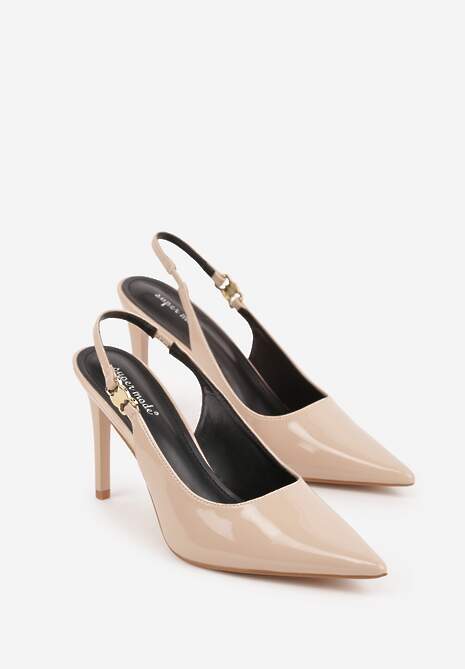 Beżowe Sandały Slingback na Szpilce z Lakierowanym Połyskiem i Aplikacją Phisvienne 5