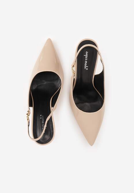 Beżowe Sandały Slingback na Szpilce z Lakierowanym Połyskiem i Aplikacją Phisvienne 6