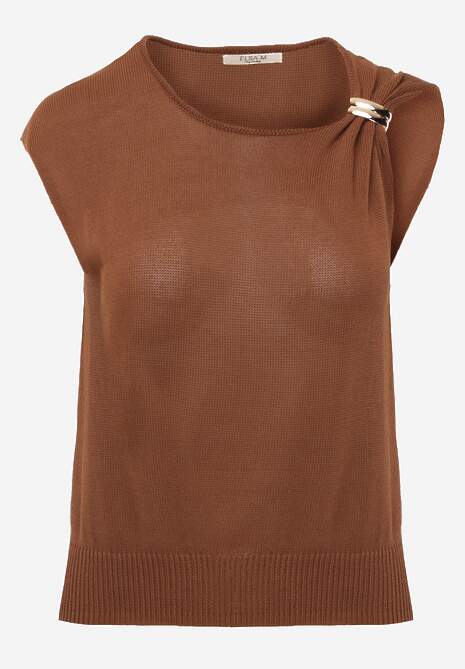 Brązowa Wiskozowa Bluzka Bez Rękawów z Dzianiny Zdobiona Metaliczną Aplikacją Alutina 6