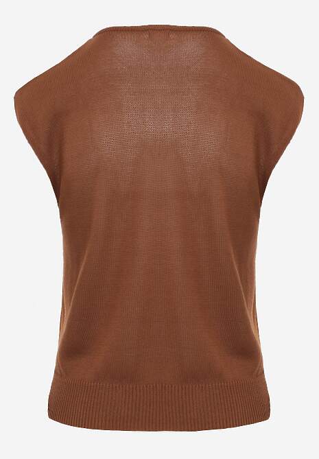 Brązowa Wiskozowa Bluzka Bez Rękawów z Dzianiny Zdobiona Metaliczną Aplikacją Alutina 7