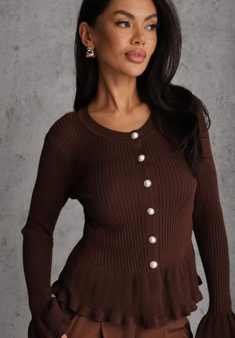 Brązowy Wiskozowy Kardigan w Prążki z Falbankami i Guzikami z Cyrkoniami Danareia 5