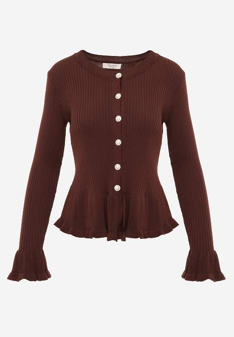 Brązowy Wiskozowy Kardigan w Prążki z Falbankami i Guzikami z Cyrkoniami Danareia 6