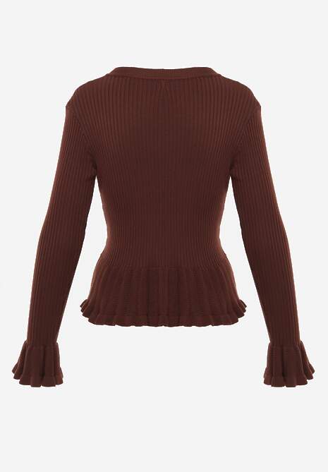 Brązowy Wiskozowy Kardigan w Prążki z Falbankami i Guzikami z Cyrkoniami Danareia 7