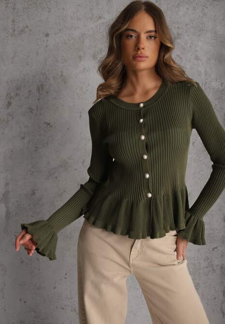 Zielony Wiskozowy Kardigan w Prążki z Falbankami i Guzikami z Cyrkoniami Danareia 4