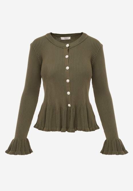 Zielony Wiskozowy Kardigan w Prążki z Falbankami i Guzikami z Cyrkoniami Danareia 6