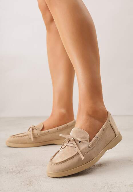 Ciemnobeżowe Mokasyny ze Sznurkiem i Kokardą Samiphia