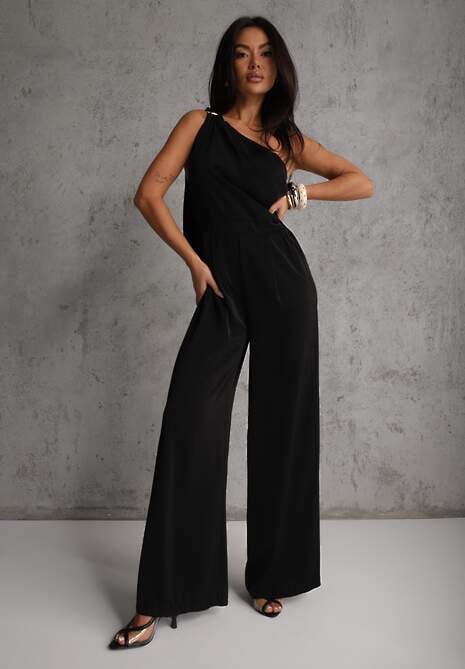 Czarny Koktajlowy Kombinezon Asymetryczny o Kroju na Jedno Ramię z Klamrą Hurinex 4