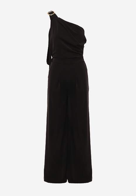 Czarny Koktajlowy Kombinezon Asymetryczny o Kroju na Jedno Ramię z Klamrą Hurinex 6