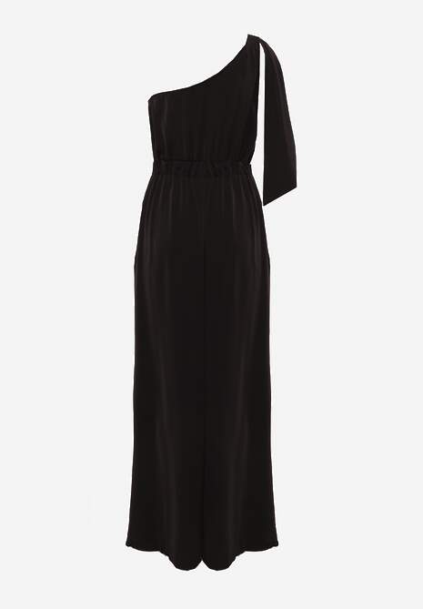 Czarny Koktajlowy Kombinezon Asymetryczny o Kroju na Jedno Ramię z Klamrą Hurinex 7