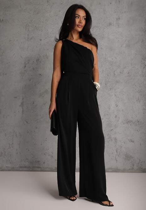 Czarny Koktajlowy Kombinezon Asymetryczny o Kroju na Jedno Ramię z Klamrą Hurinex