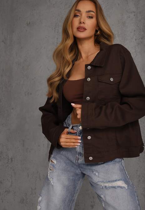 Ciemnobrązowa Jeansowa Kurtka z Bawełny Perilopei