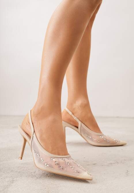 Złote Sandały Slingback na Szpilce z Siateczki Zdobione Cyrkoniami Lilinyra