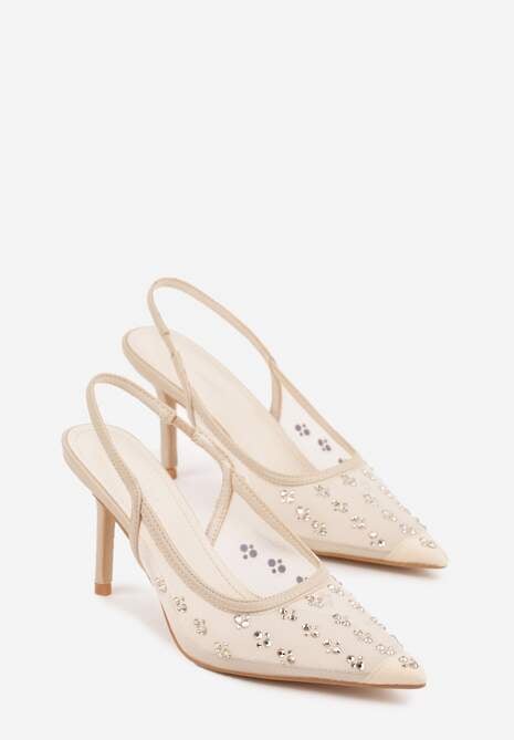 Złote Sandały Slingback na Szpilce z Siateczki Zdobione Cyrkoniami Lilinyra 5