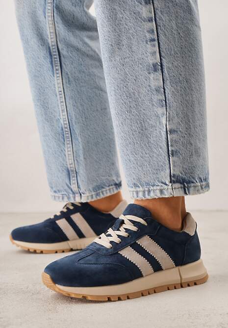 Granatowo-Beżowe Sneakersy ze Skóry Naturalnej z Paskami Kiarre