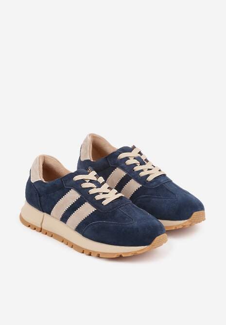 Granatowo-Beżowe Sneakersy ze Skóry Naturalnej z Paskami Kiarre 5