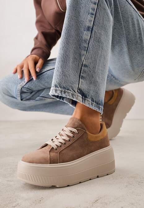 Brązowe Sneakersy na Platformie z Naturalnego Zamszu Latavesa