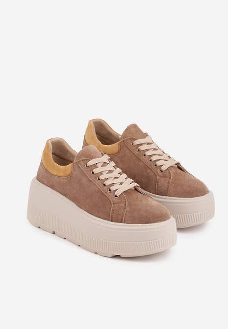 Brązowe Sneakersy na Platformie z Naturalnego Zamszu Latavesa 5