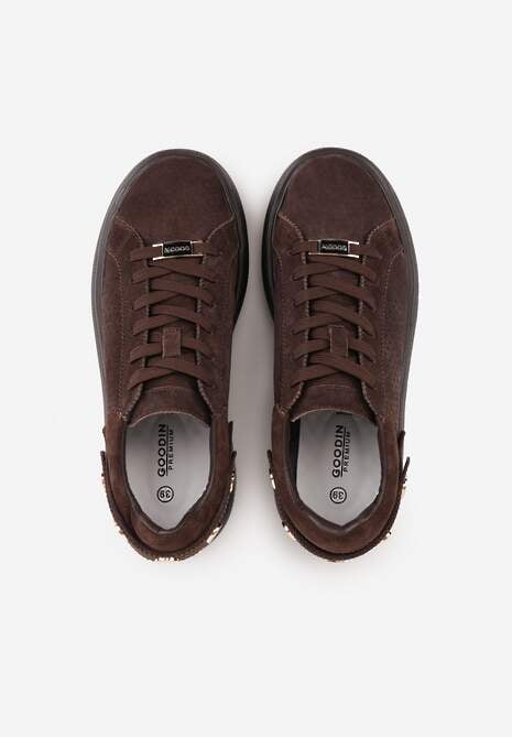 Ciemnobrązowe Perforowane Sneakersy ze Skóry Naturalnej na Platformie i Koturnie Risyla 6