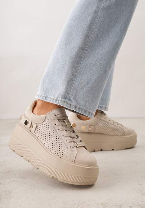 Beżowe Perforowane Sneakersy ze Skóry Naturalnej na Platformie i Koturnie Risyla