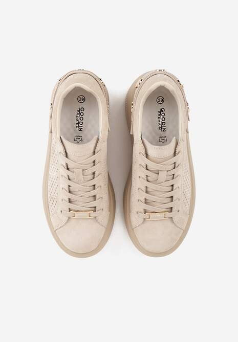Beżowe Perforowane Sneakersy ze Skóry Naturalnej na Platformie i Koturnie Risyla 6