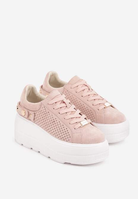 Różowe Perforowane Sneakersy ze Skóry Naturalnej na Platformie i Koturnie Risyla 5