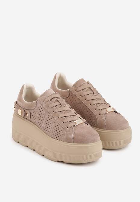 Ciemnobeżowe Perforowane Sneakersy ze Skóry Naturalnej na Platformie i Koturnie Risyla 5