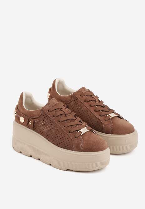 Brązowe Perforowane Sneakersy ze Skóry Naturalnej na Platformie i Koturnie Risyla 5