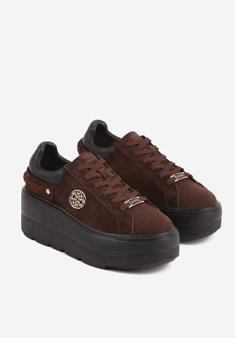 Brązowe Skórzane Sneakersy na Platformie z Aplikacją i Plecionym Paskiem Kaphophai 5