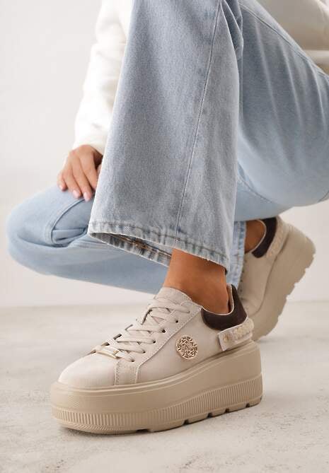 Beżowe Skórzane Sneakersy na Platformie z Aplikacją i Plecionym Paskiem Kaphophai