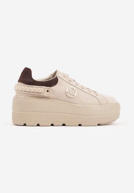 Beżowe Skórzane Sneakersy na Platformie z Aplikacją i Plecionym Paskiem Kaphophai 4