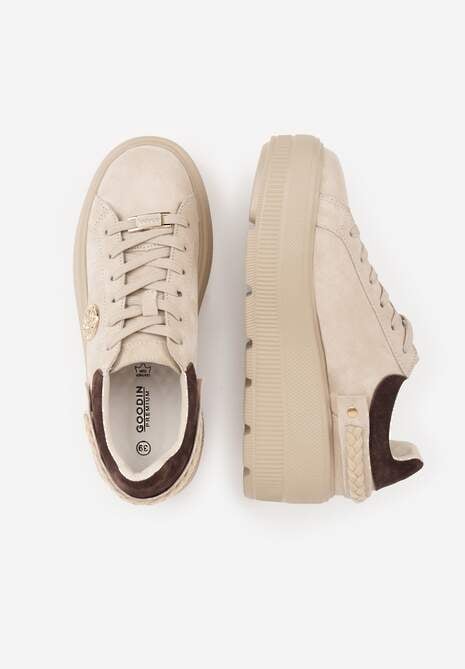 Beżowe Skórzane Sneakersy na Platformie z Aplikacją i Plecionym Paskiem Kaphophai 6